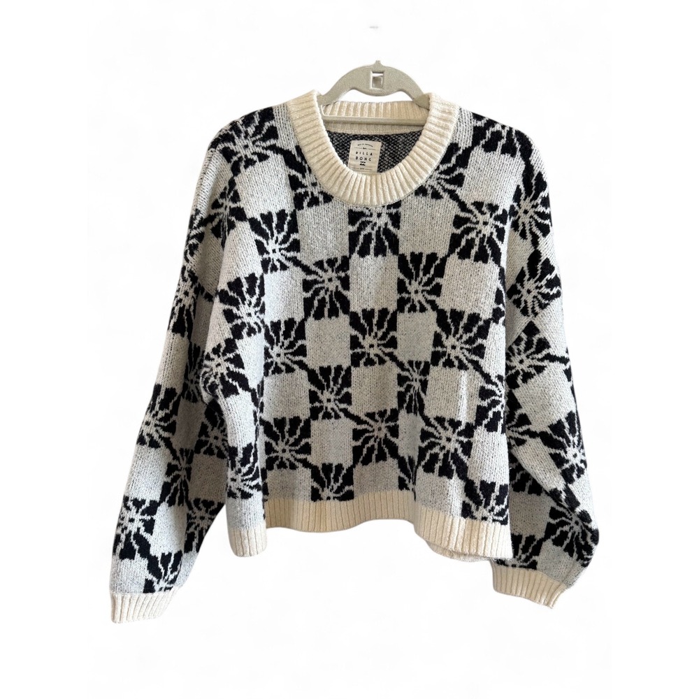 Billabong Black/Cream Beyond Basic Checkered Patterned Oversized Fuzzy Sweater L